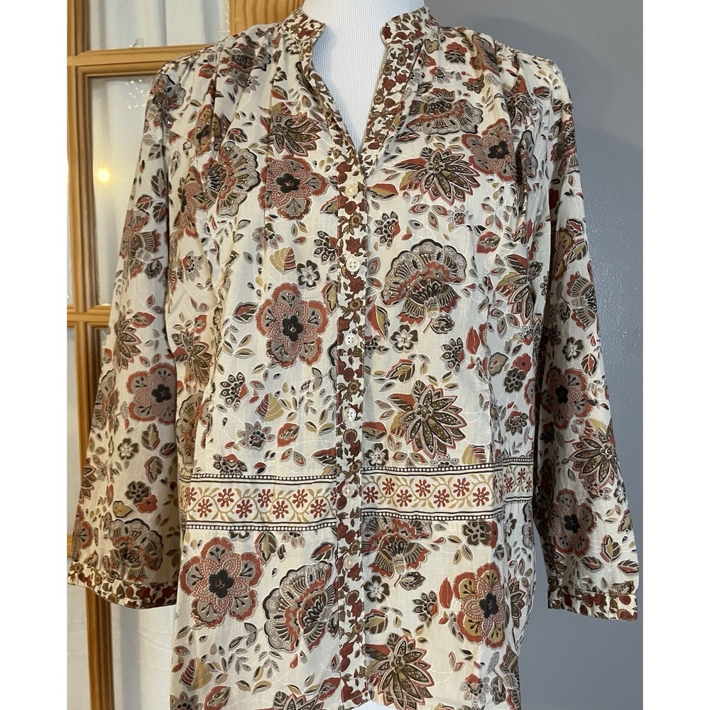 90s Quizz Again Floral Button Up Blouse Sz M Beige Ivory Mini Studs Boho Cottage